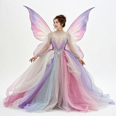 Woman in iridescent fairy wings dress