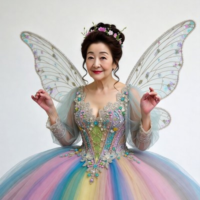 Elderly Asian woman in fairy costume
