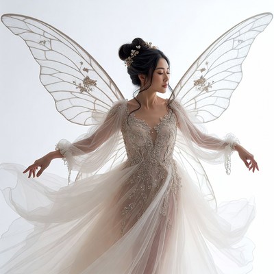 Asian woman with large fairy wings