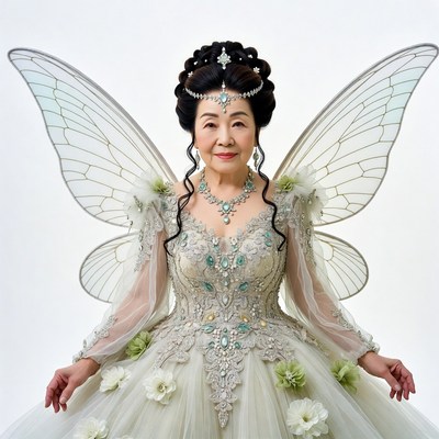 Elderly Asian woman in fairy costume