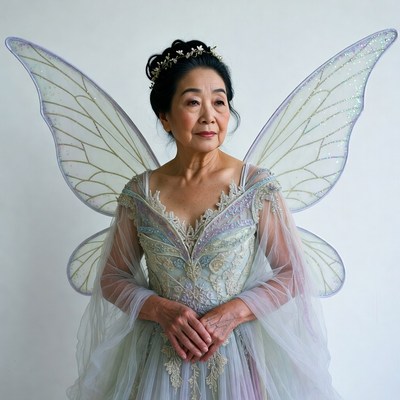 Elderly Asian woman with fairy wings