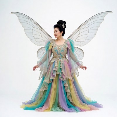 Asian woman in colorful fairy wings dress