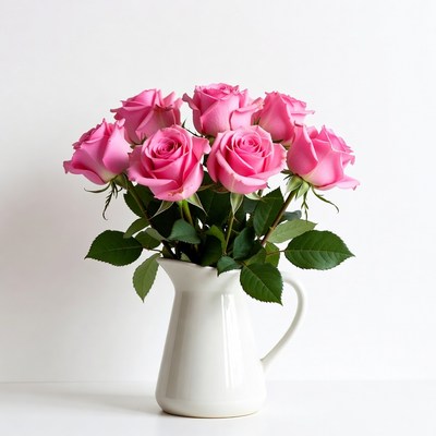 Pink Roses in White Pitcher