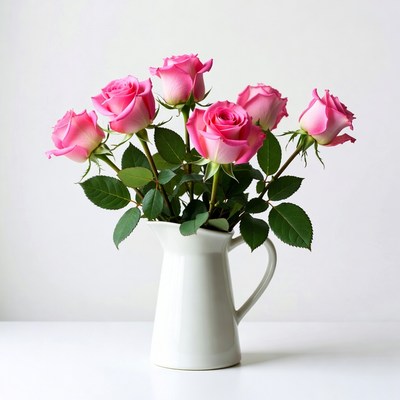 Pink Roses in White Pitcher