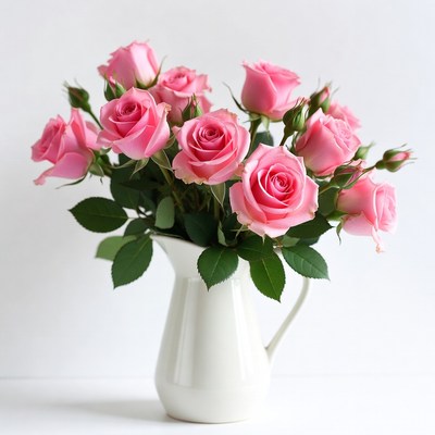 Pink Roses in White Pitcher