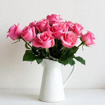 Pink Roses in White Pitcher