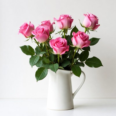 Pink Roses in White Pitcher