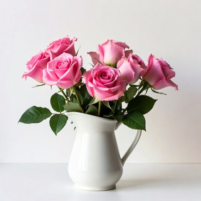 Pink Roses in White Pitcher