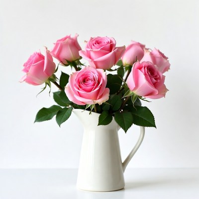 Pink Roses in White Pitcher