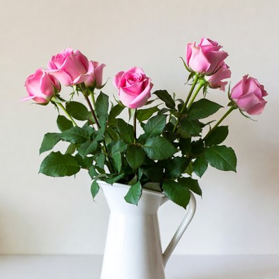 Pink Roses in White Pitcher
