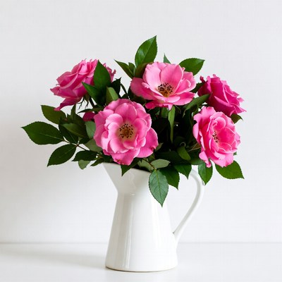 Pink Roses in White Pitcher