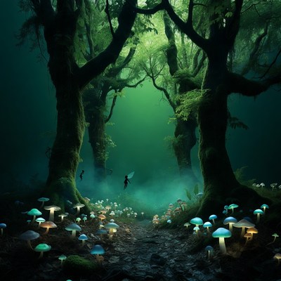 Enchanted Forest with Fairy and Glowing Mushrooms
