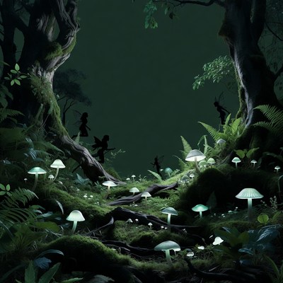 Enchanted Forest with Glowing Mushrooms and Fairy Silhouettes