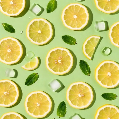 Lemon Slices Mint Ice Cubes Green Background