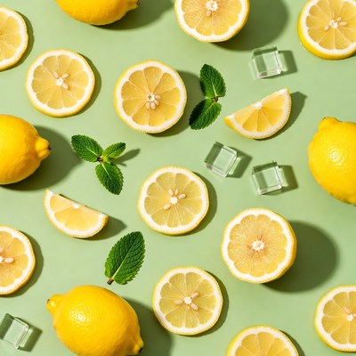 Lemon slices with mint and ice cubes