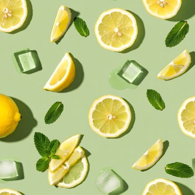 Lemon Slices with Mint and Ice Cubes