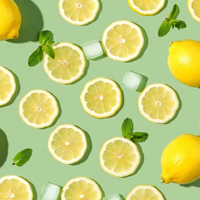 Lemons Mint Ice Cubes Green Background