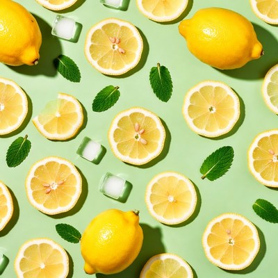 Lemons Mint Ice Cubes Green Background