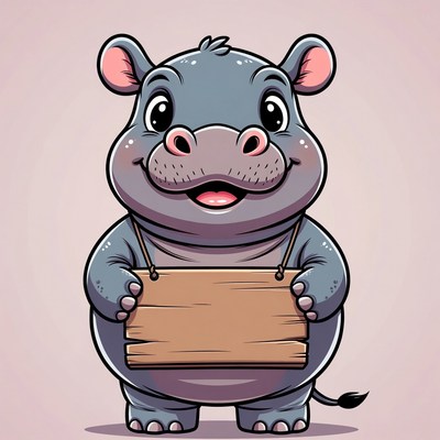 Cute hippo holding blank sign