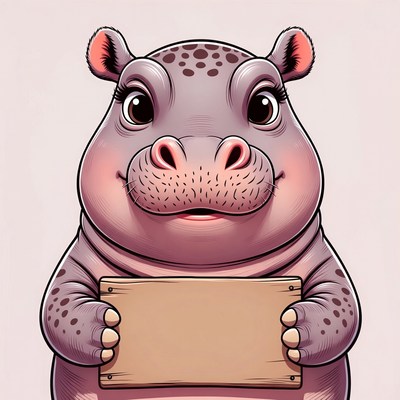 Cute hippo holding blank sign