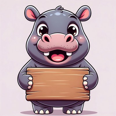 Cute cartoon hippo holding blank sign