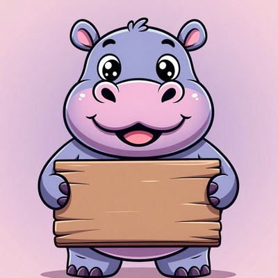 Cute cartoon hippo holding blank sign