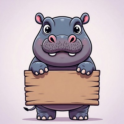 Cute hippo holding blank sign