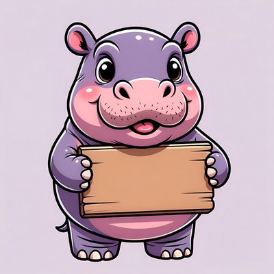 Cute hippo holding blank sign