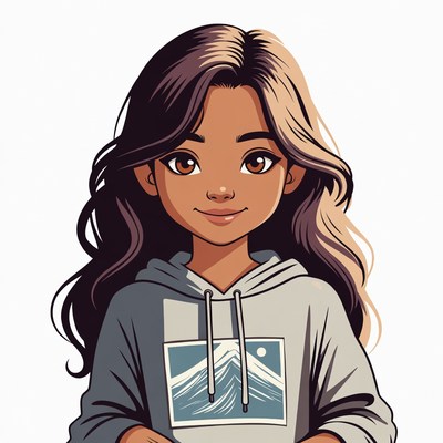Cartoon girl in hoodie with mountain