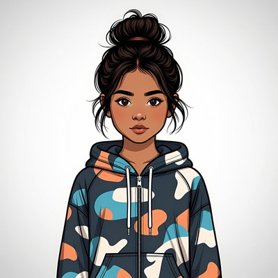 Girl with messy bun in camouflage hoodie