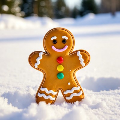Gingerbread man in snowy landscape