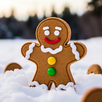 Gingerbread man in snowy forest