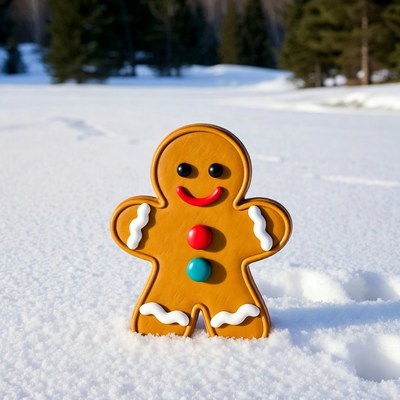 Gingerbread man in snowy forest