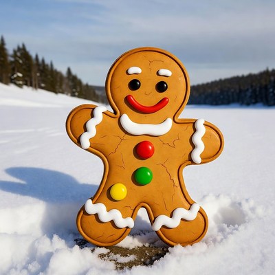 Gingerbread man in snowy landscape