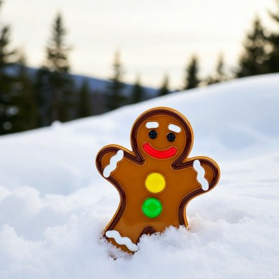 Gingerbread man in snowy forest