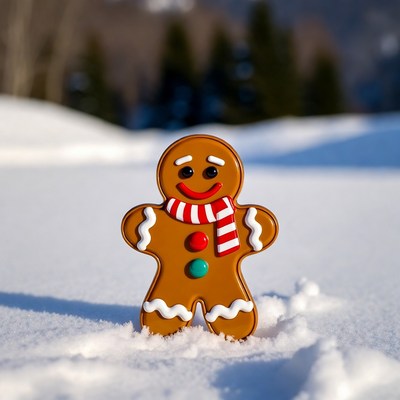 Gingerbread man in snowy forest