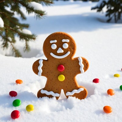 Gingerbread man in snowy landscape