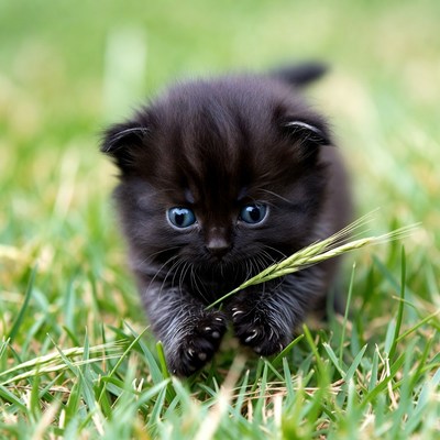 Black kitten playing with grass blade
