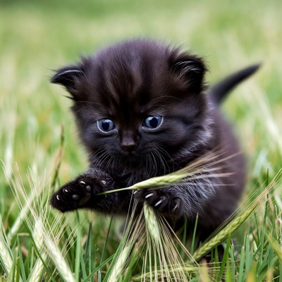 Black kitten playing in grass