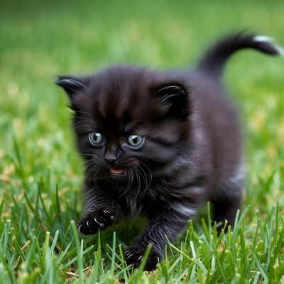 Black kitten playing on grass