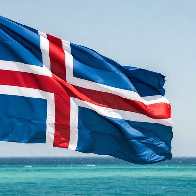 Icelandic Flag Waving Over Ocean
