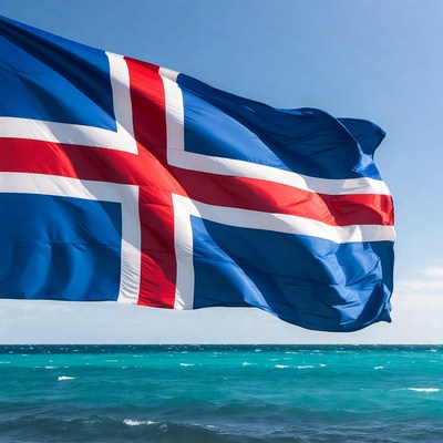 Icelandic Flag Waving Over Ocean
