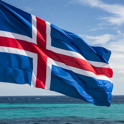 Icelandic Flag Waving Over Ocean