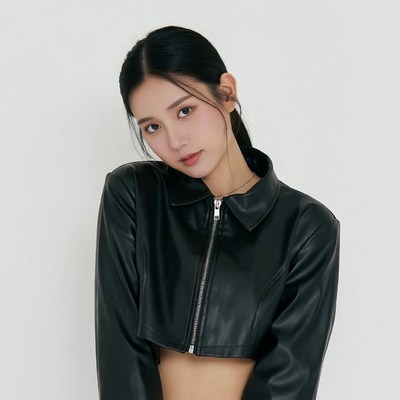 Asian woman in black leather crop jacket