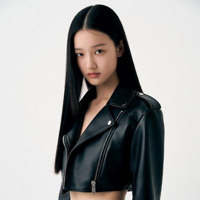 Asian woman in black leather jacket