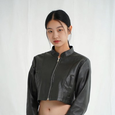 Asian woman in cropped leather jacket