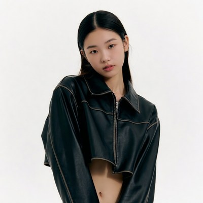 Asian woman in black leather crop jacket