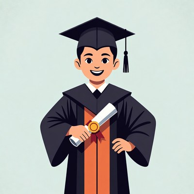 Cartoon boy in graduation gown holding diploma