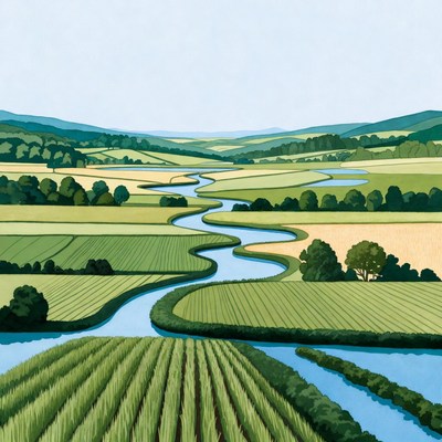 Winding River Through Green Fields