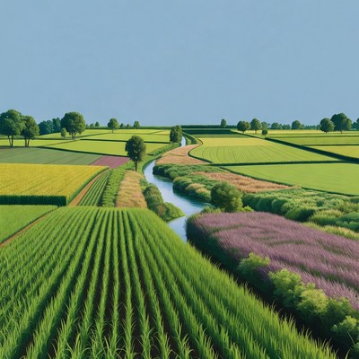 Vibrant Farmland with Winding River